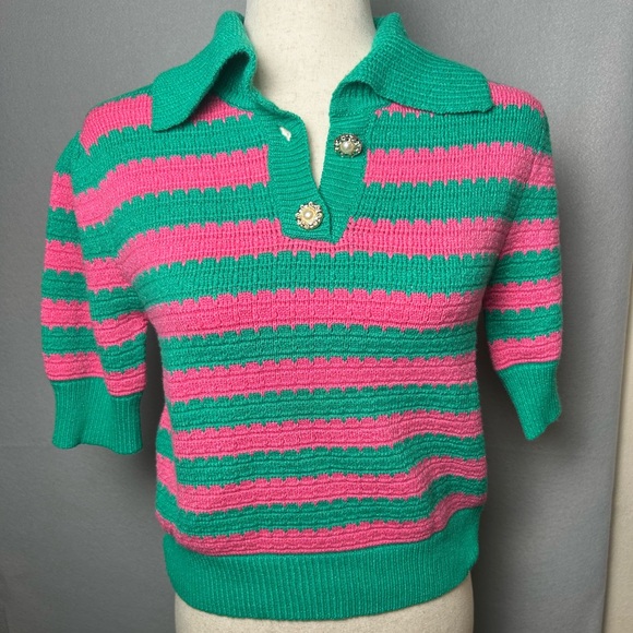 THML Sweaters - THML Green & Pink Pullover knit polo sweater preppy academia twee NWT XS